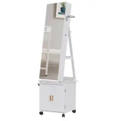 VECELO Mirrored Jewelry Cabinet 360&deg; Swivel Freestanding Jewelry Organizer LED-Lit Makeup Organizer with Bottom Storage Cabinet, White