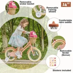 Itopfox Retro Cruiser Girls Bike for Children Ages 3-5 Years Old, Kids Bicycle with Wicker Basket & Training Wheels, Peach