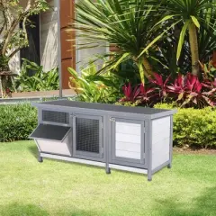 PawHut Wooden Rabbit Hutch Bunny Hutch Cage Guinea Pig with Waterproof Roof, No Leak Tray and Feeding Trough, Indoor/Outdoor
