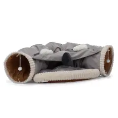 SEVOBAL Pet Toy Collapsible Cat Bed for Indoor Cats Washable Cat Hide Tunnel with Hanging Toys and Cushion Mat, Gray(41.65"*23.6"*10.6")