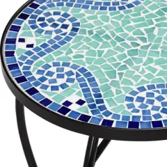 Teal Island Designs Black Round Outdoor Accent Side Tables 14" Wide Set of 2 Blue Wave Mosaic Tabletop Front Porch Patio Home House