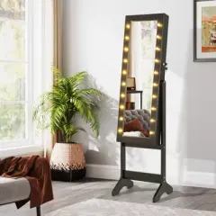 Tangkula Jewelry Armoire Cabinet Standing Lockable Jewelry Organizer with Lighted Full-Length Mirror Black/Rustic Brown/White