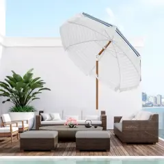 Outsunny Outdoor Umbrella with Tilt, Vent, Fringed Ruffles, Flounce for Table, Deck Parasol, Blue Strip