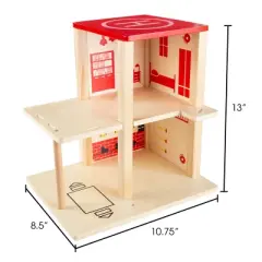 Toy Time Kids' Wooden Fire Station Playset With 3-Tier Firehouse, Fire Truck, Helicopter, and 16 Accessories - 10.75" x 13"