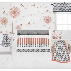 Bacati - Ikat Dots Stripes Coral Gray 10 pc Crib Set with Long Rail Guard Cover & 4 Muslin Swaddling Blankets