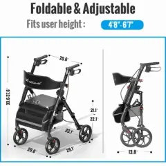Lycvki Aluminum Foldable Rollator Walkers with Seat for Seniors, 350 lb Capacity, 6-Position Height