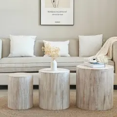 3-Piece Round Nesting Coffee Table Set,Modern Drum End Tables,Wooden Accent Side Tables for Living Room-Baofuwish