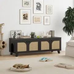 ORRD Double Hidden Cat Litter Box Enclosure Furniture with Rattan Doors - 2-Entrance Cabinet for Two Cats, Odor Control,Black