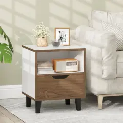 Tangkula Nightstand Mid Century Modern Bedside Table w/ Drawer Open storage Shelf
