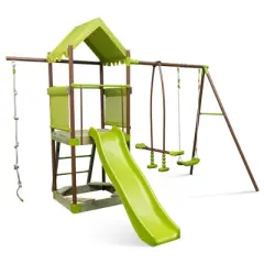 Costway 7-in-1 Swing Set with Covered Fort Height Adjustable Swing Climbing Rope Sandbox