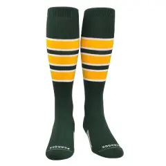 PEAR SOX Striped OTC Baseball, Softball, Football Socks - Forest Green, White, Gold (C)