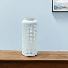 HomeRoots 14" White Distressed Lattice Iron Floor Lantern Candle Holder