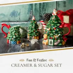 Spode Christmas Tree Sugar & Creamer Set - Figural Tree 7.4oz Creamer Jug & 5.3oz Lidded Sugar Jar - Festive Dolomite Holiday Tea and Coffee Set