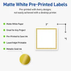 Avery Printable Square Labels, Gold Beads, 3" x 3", Matte White Square Labels, Permanent, Laser/Inkjet, 60ct, Great for Product Labels