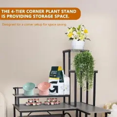 Hidden Cat Litter Box Furniture with Flower Stand and Pull-Out Tray, L-Shaped Cabinet, Brown/Gray