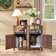 2 PCS Nightstand with Charging Station & Barn Door & Open Shelves，Farmhouse End Table for Bedroom, Living Room