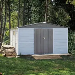 Outdoor Gray Backyard Storage Shed,Iron-Wood Frame Garden Bike Shed with Windows,Iron Doors,All-Weather Waterproof Garden Tool Shed-Coolbibila