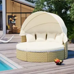 DSVIMOY Patio Daybed, Outdoor Sectional Sofa Set with Retractable Canopy, Separate Seating and Removable Cushion, Beige, 66.5"*65"*53.5"