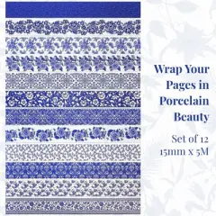 Wrapables Blue and White Porcelain Vintage Floral Chinoiserie Washi Tape Set for DIY, Arts and Crafts, Scrapbooking, Gift Wrapping (12 Rolls)