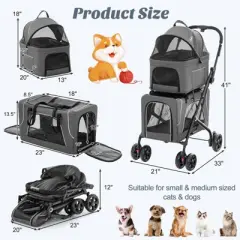 Costway Double Pet Stroller for 2 Dogs or Cats w/ 2 Detachable Carriers Safety Belt Gray