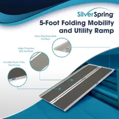 Silver Spring Mobility and Utility Ramp, 5 Foot Long Single Folding Textured Grit Traction Surface, 600 lb Capacity with 2 Inch Side Rails, Silver