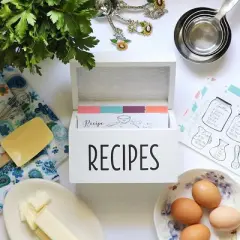 Outshine Co White Wooden Recipe Box with Cards and Dividers