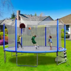 NAYSAYE Trampoline 16FT with Basketball Hoop and Soccer Goal for Outdoor Fun with Ladder and Safety Net, Blue, 192.13"*192.13"*106.32"