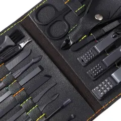 Unique Bargains 16pcs Manicure Set Nail Clippers Pedicure Kit with PU Leather Case Black
