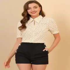 Allegra K Women's Vintage Floral Turndown Collar Split Neck Puff Short Sleeve Chiffon Elegant Blouse