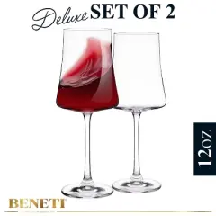 BENETI Modern Luxury Crystal Long Stem Wine Glasses Set of 2, Handmade in Europe - 12oz