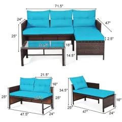 Tangkula 3-Piece Outdoor Rattan Wicker Sectional Sofa Set Patio Conversation Sofa Set