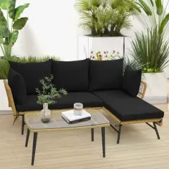 Costway 3 PCS L-Shaped Patio Sofa Set Conversation Furniture with Cushions Deck Garden Black/Beige