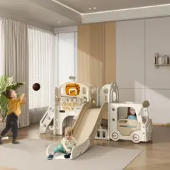 INFURNIC Baby Activity Gyms, Car Themed Baby Slide with Basketball Hoop and Storage Space, for Gift to Children, Multicoloured, 85.4"*74.4"*43.7"