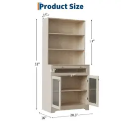62'' Kitchen Pantry Cabinet with Drawer and Double Glass Doors, Wooden Cabinet with Open Shelves and Countertop