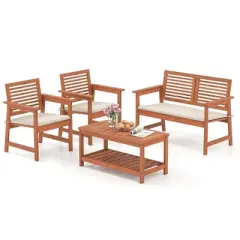 Costway 4 PCS Patio Conversation Set with Soft Seat Cushions 2-Tier Rectangle Coffee Table