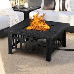 VECELO 30" Square Propane Fire Pit Table Faux-Stone Tabletop 50,000 BTU Gas with Mesh Lid Black