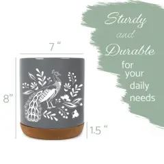 Elanze Designs 8 inch Floral Peacock Large Ceramic Kitchen Utensil Holder Gray and White Crock with Cork Base
