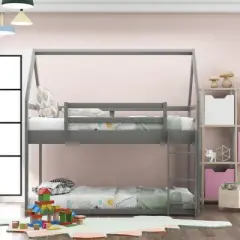 Twin over Twin House Shaped Bunk Bed with  Ladder and Guardrail-ModernLuxe