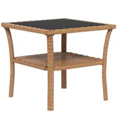 CAVINAS Wicker Patio End Table with Storage Shelf,19.75" Square Outdoor Side Table,Aluminum Frame Table with Tempered Glass Top for Patio