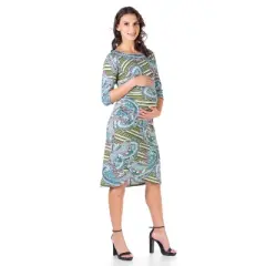 24seven Comfort Apparel Paisley Maternity Elbow Sleeve Ruched Knee Length Dress