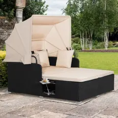 Tangkula Outdoor Wicker Lounge Daybed Hand-Woven PE Rattan Patio Loveseat Sofa Set with Retractable Canopy & 2 Side Tables with Soft Cushions Beige