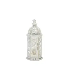 15.5" Iron Cutwork Hexagon Outdoor Lantern Off-White - Zingz & Thingz: Elegant Tabletop Candle Spike Holder