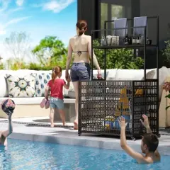 Outsunny Rattan Pool Float Storage Organizer, Wheeled Pool Caddy with Basket Shelf Towel Bars