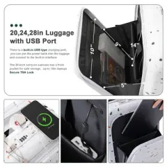 Gulches Luggage Set of 3 with front opening design, Airline Certified Carry on Luggage with Wheels, USB Port, Cup Holder, 20"24"28", Starry Sky White