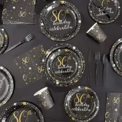 Sparkle and Bash 100 Pack Bulk Happy 80th Birthday Napkins for Party Decorations, 2-Ply, Black and Gold, 6.5 x 6.5 In