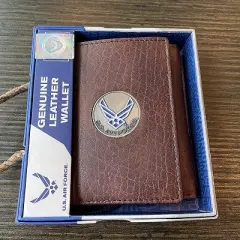 Officially Licensed "US Air Force" Medallion Genuine Leather Classic Handmade Wallet - Trifold Brown