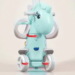Lirago Blue Unicorn Rocking Horse Stroller 4-in-1 Ride On Toy with Push Handle Balance Bike and Board Gift for 1-3 Year Old Baby
