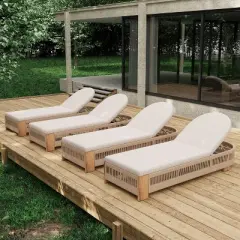 Christopher Knight Home Lariya Outdoor Adjustable Acacia Wood and Rope Chaise Lounge with Water-Resistant Cushions (Set of 4)