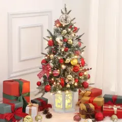 Homhougo 3FT Snow Flocked Mini Christmas Tree with Berry Clusters and Potted Base, Ideal for Table or Front Porch Use