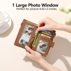 FATMOON Women's wallet - Stylish Vintage Leather RFID Wallet for Women with 3 Transparent ID Windows, 2 Zipper Pockets